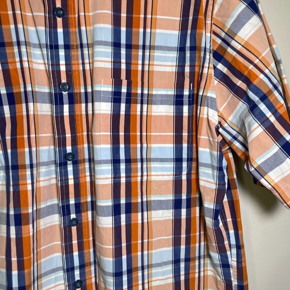 Men's Large Cabela's Orange & Blue Plaid Short Sleeve Button Down Shirt - Picture 4 of 6